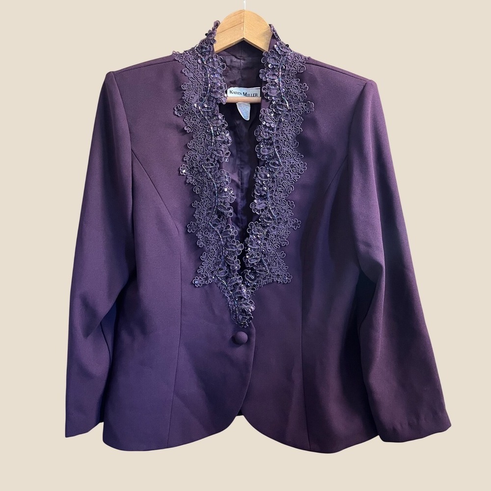 Karen Miller Blazer Womens 16 Purple Vintage Beaded Lace Sequin Evening Jacket